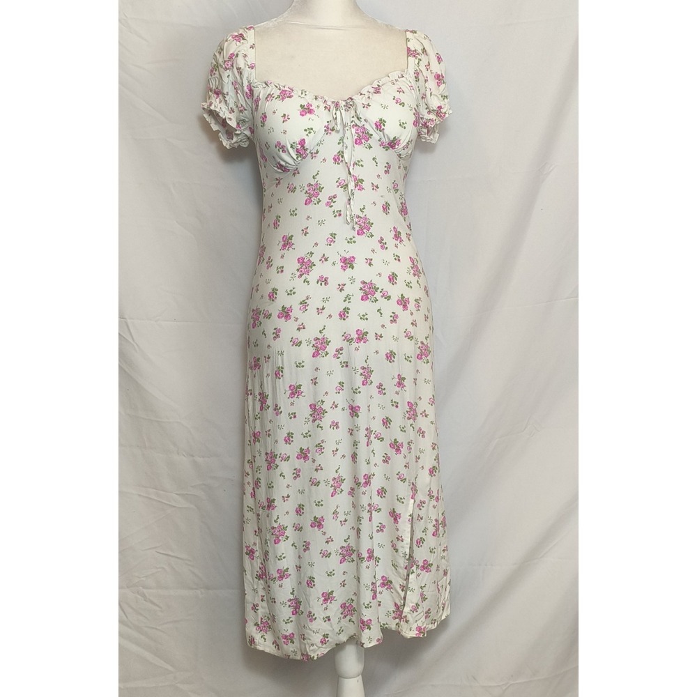 Milkmaid White Floral Rose Midi Dress Puff Sleeves Size XXS 00 Cottage Babydoll